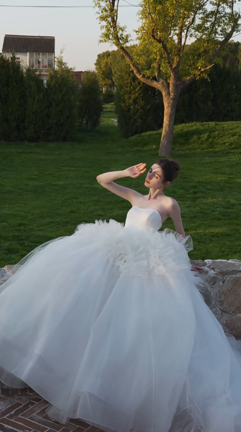 Robe de mariée longue en satin et tulle, simple et élégante, sans bretelles, C3879