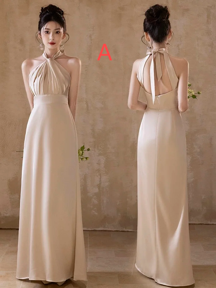 Robe de demoiselle d'honneur longue en satin, coupe trapèze, couleur champagne, élégante, C3881
