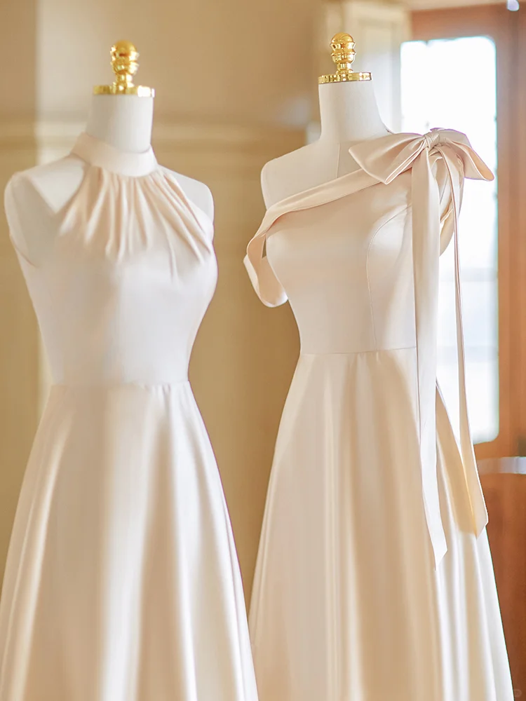 Robe de demoiselle d'honneur longue en satin coupe trapèze couleur champagne Calssy C3888