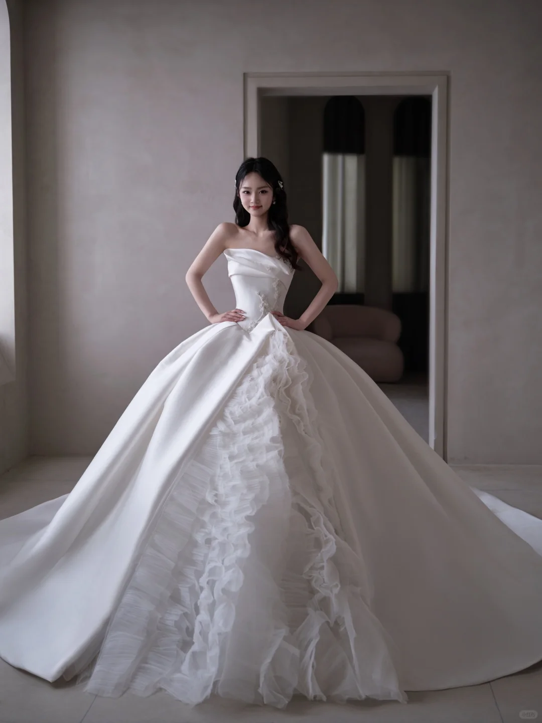 Robe de mariée longue en satin et tulle, sans bretelles, style bal intemporel, C3892
