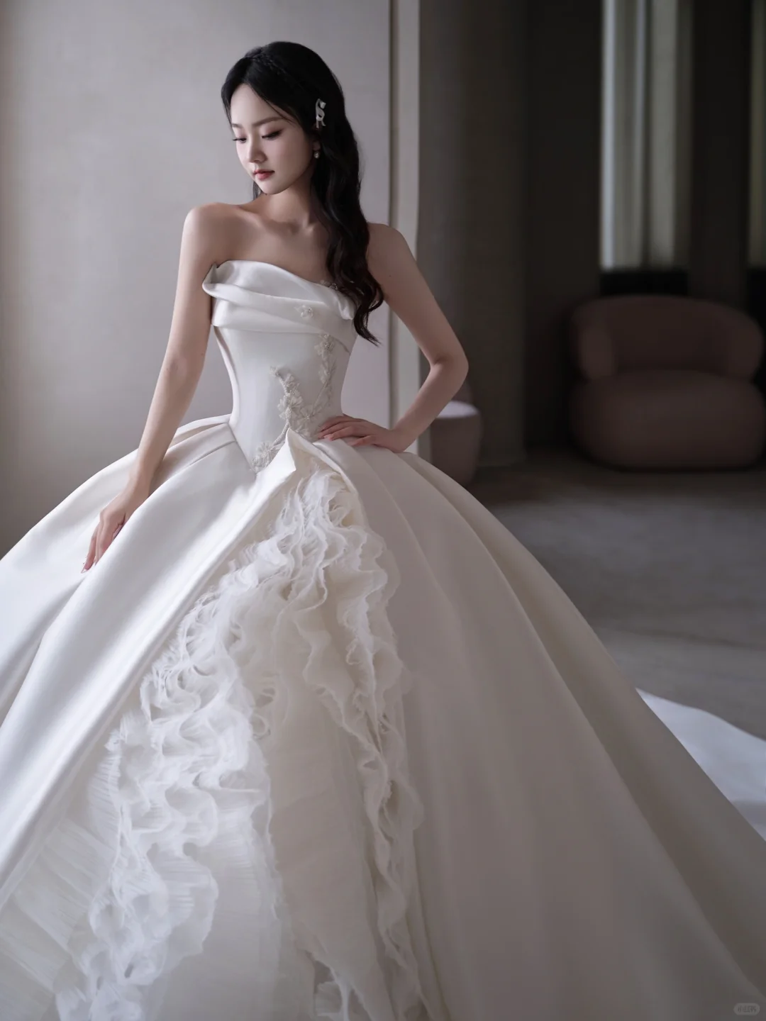 Robe de mariée longue en satin et tulle, sans bretelles, style bal intemporel, C3892