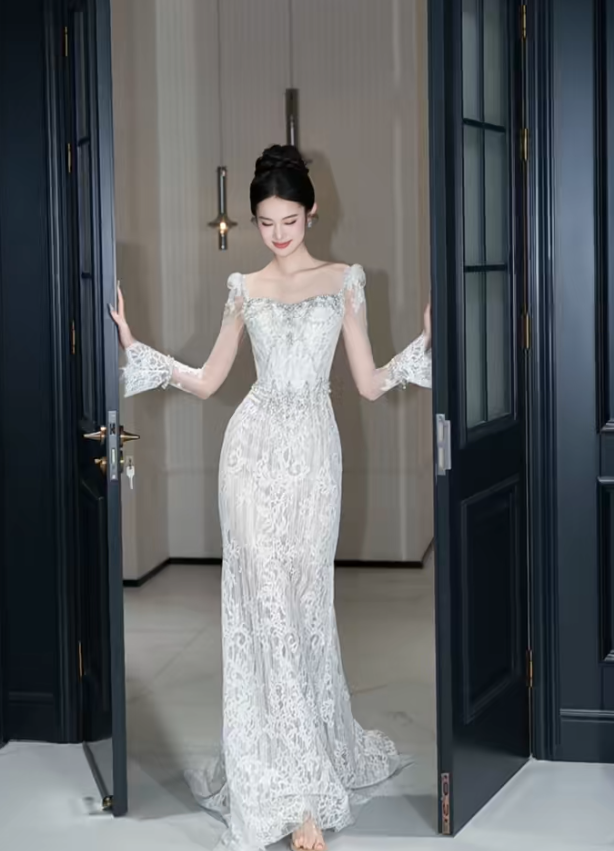 Vintage Mermaid White Lace Long Sleeves Long Wedding Dresses C3893