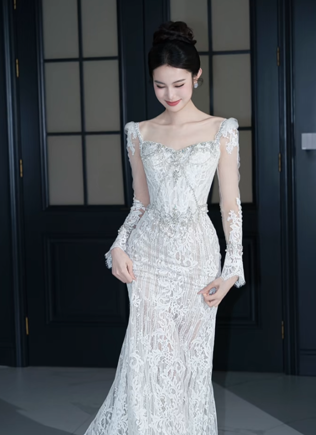 Vintage Mermaid White Lace Long Sleeves Long Wedding Dresses C3893