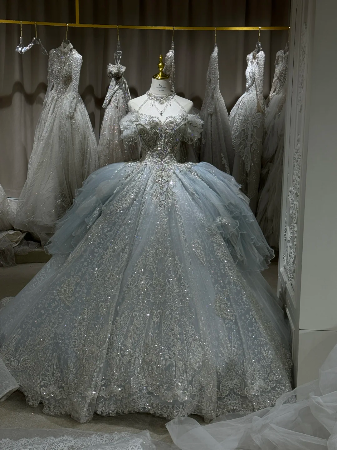 Timeless Ball Gown Off The Shoulder Tulle Lace Beaded Long Wedding Dresses C3896