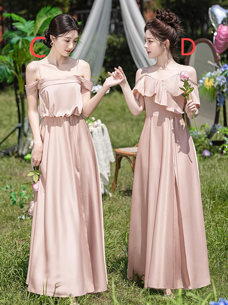 Robe de demoiselle d'honneur longue en satin rose élégante, coupe trapèze, C3934