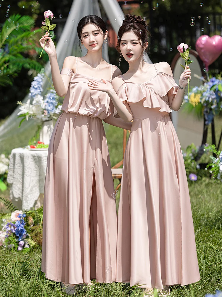 Robe de demoiselle d'honneur longue en satin rose élégante, coupe trapèze, C3934