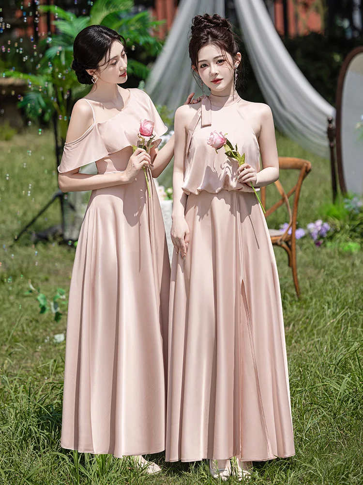 Robe de demoiselle d'honneur longue en satin rose élégante, coupe trapèze, C3934