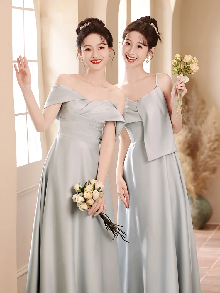 Elegant A Line Gray Satin Long Bridesmaid Dress C3936