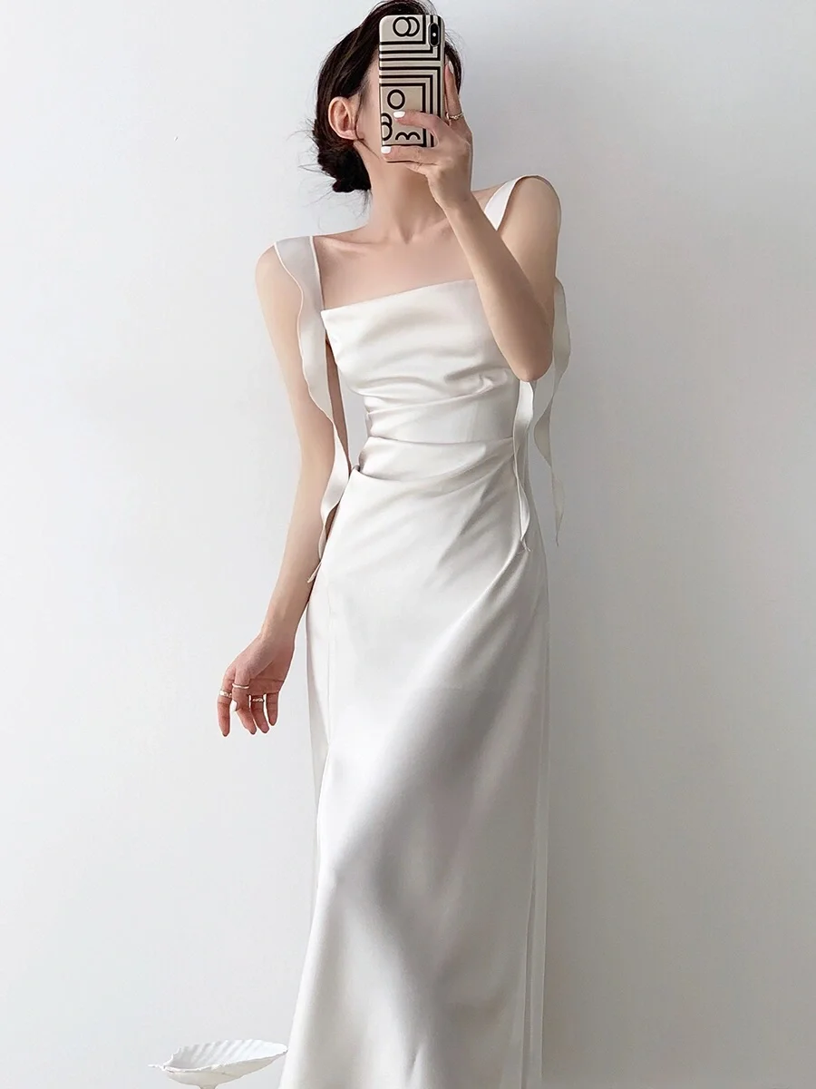 Robe de demoiselle d'honneur longue en satin blanc, élégante, coupe sirène, carrée, C3942