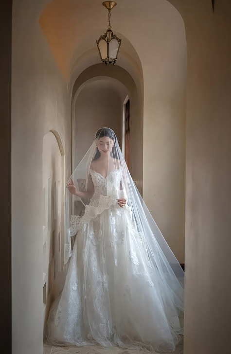 Robe de mariée longue en tulle et dentelle, bretelles spaghetti, effet rêveur, C3950