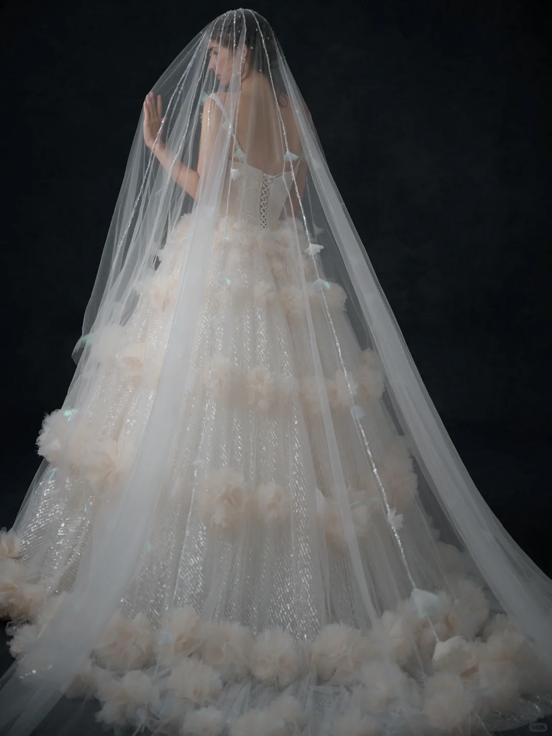 Robe de mariée princesse longue à bretelles spaghetti, en tulle champagne et paillettes, C3966