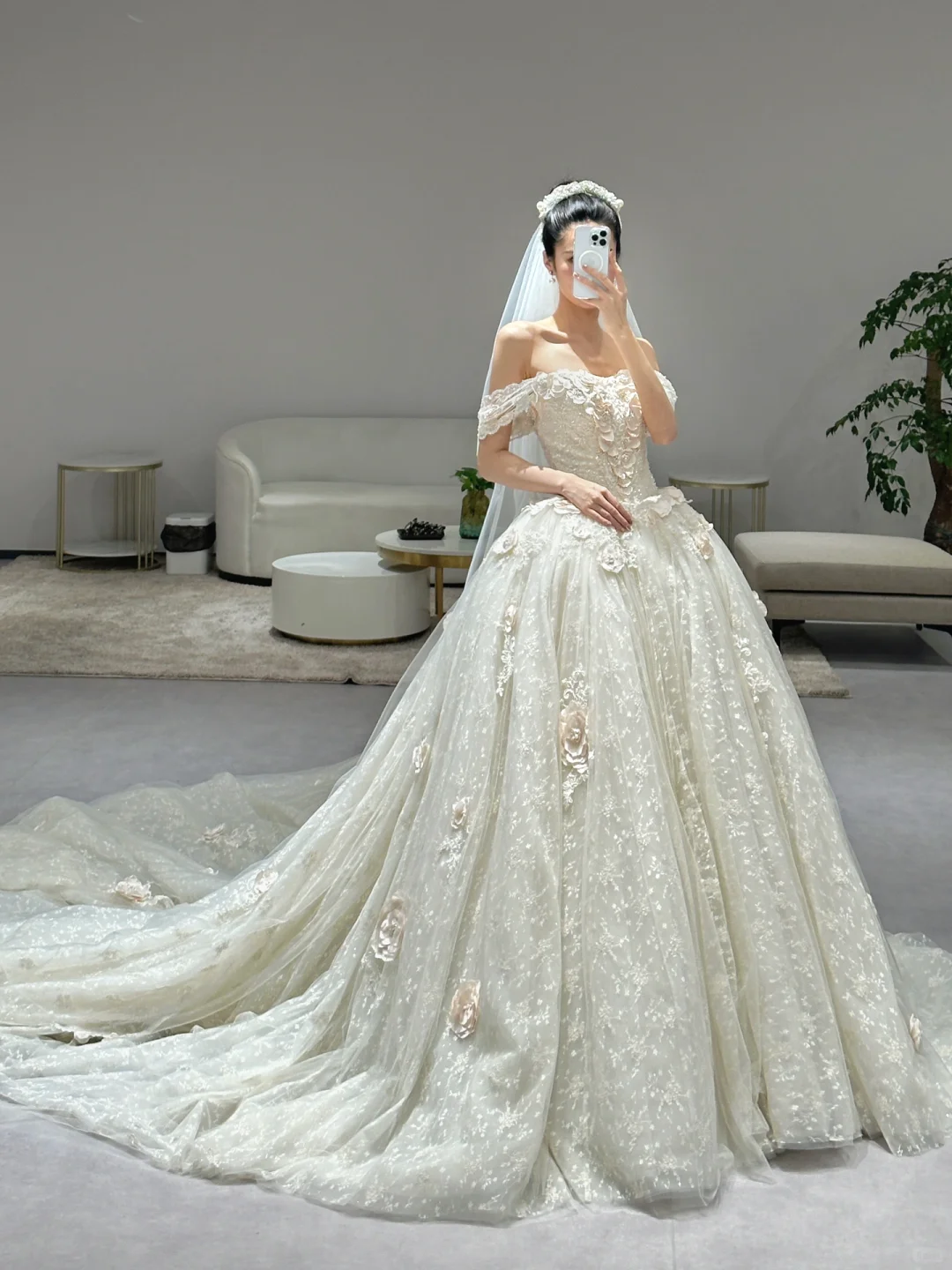 Dreamy Ball Gown Off The Shoulder Tulle Lace Applique With Veil Long Wedding Dresses C3967