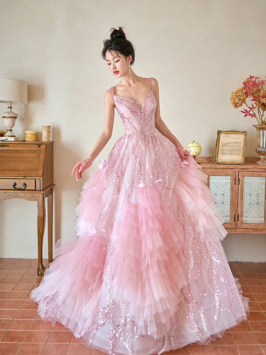 Pretty Summer Ball Gown Spaghetti Straps Pink Tulle Sequin Long Prom Dresses C3968