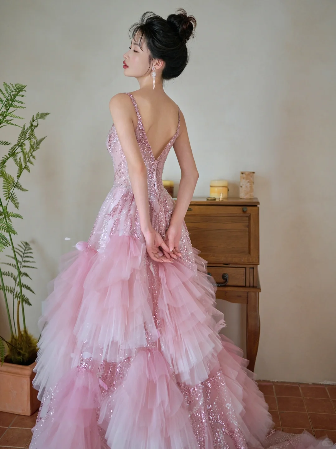 Pretty Summer Ball Gown Spaghetti Straps Pink Tulle Sequin Long Prom Dresses C3968