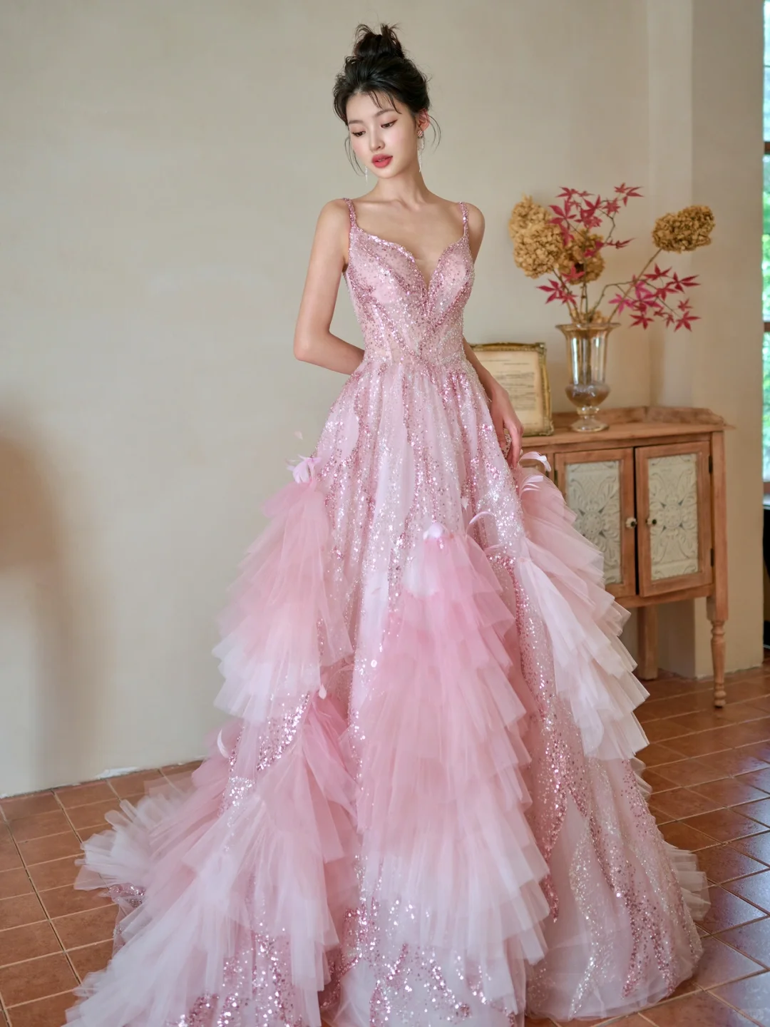 Pretty Summer Ball Gown Spaghetti Straps Pink Tulle Sequin Long Prom Dresses C3968