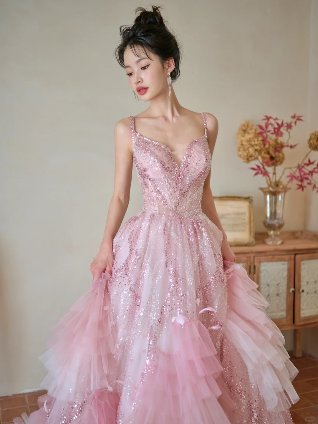 Pretty Summer Ball Gown Spaghetti Straps Pink Tulle Sequin Long Prom Dresses C3968