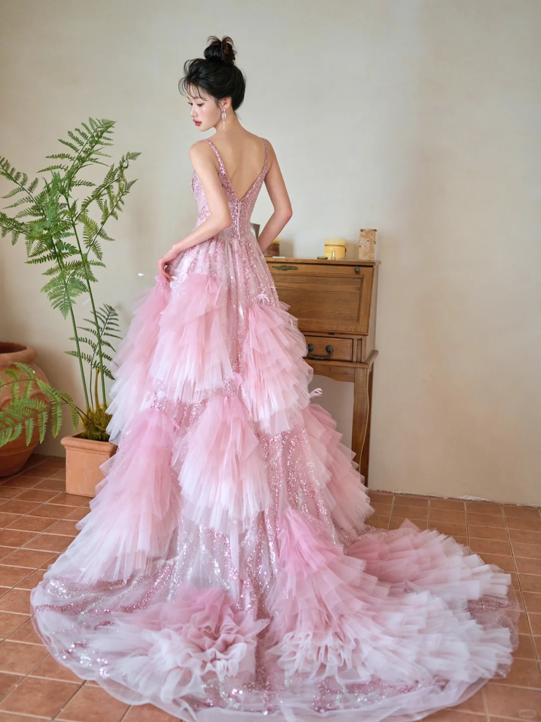 Pretty Summer Ball Gown Spaghetti Straps Pink Tulle Sequin Long Prom Dresses C3968