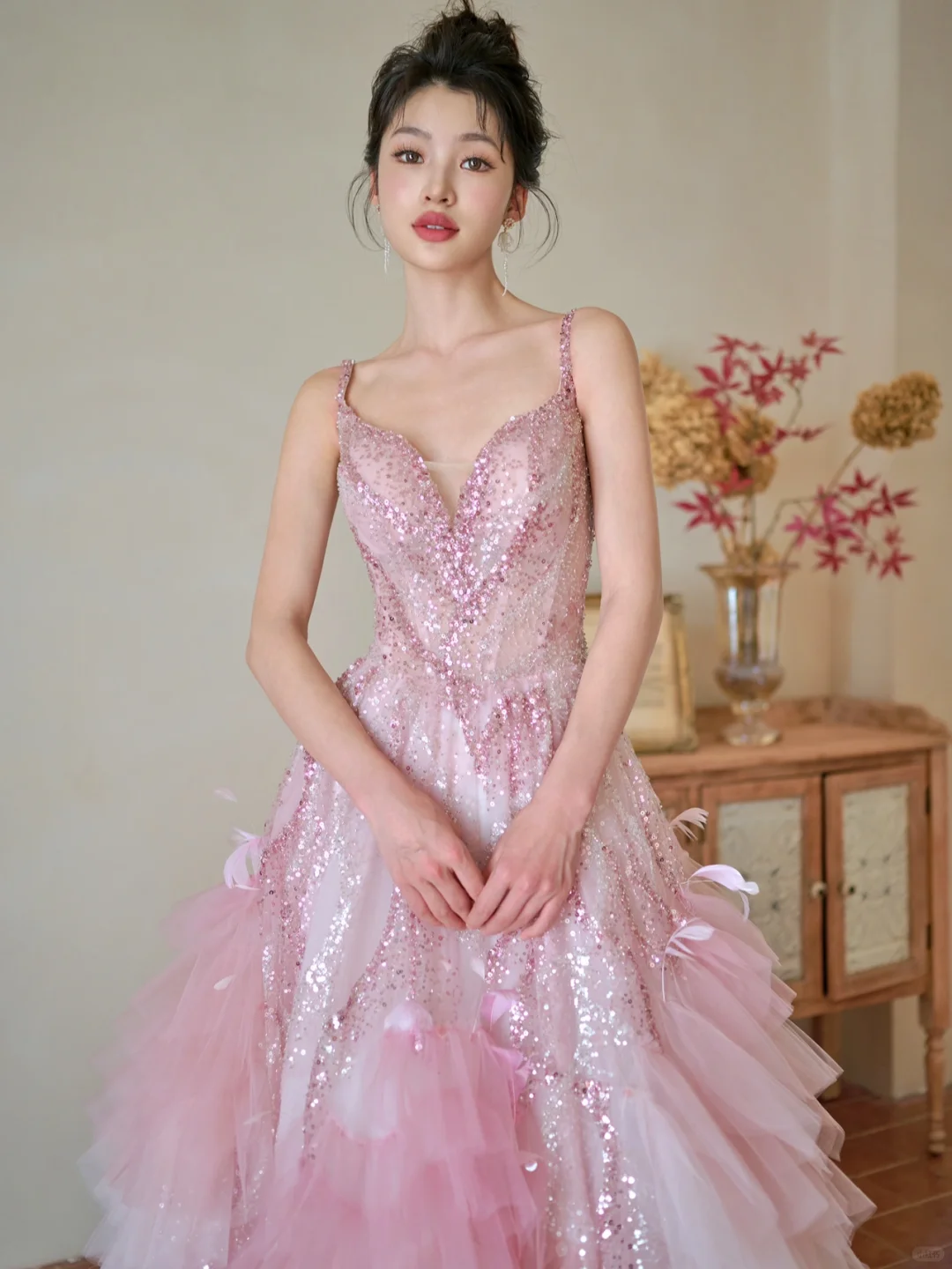 Pretty Summer Ball Gown Spaghetti Straps Pink Tulle Sequin Long Prom Dresses C3968