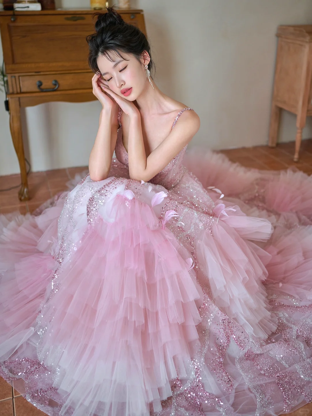 Jolie robe de bal d'été à bretelles spaghetti en tulle rose et paillettes, longue robe de bal C3968