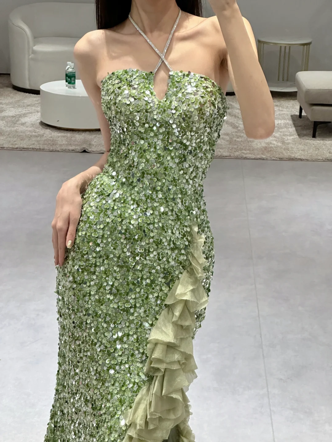 Green Elegant Mermaid Halter Satin Sequin Slit Long Prom Dresses C3969