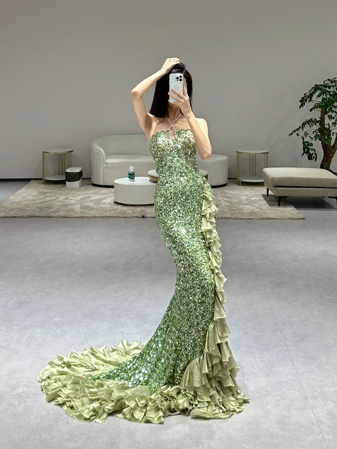 Green Elegant Mermaid Halter Satin Sequin Slit Long Prom Dresses C3969