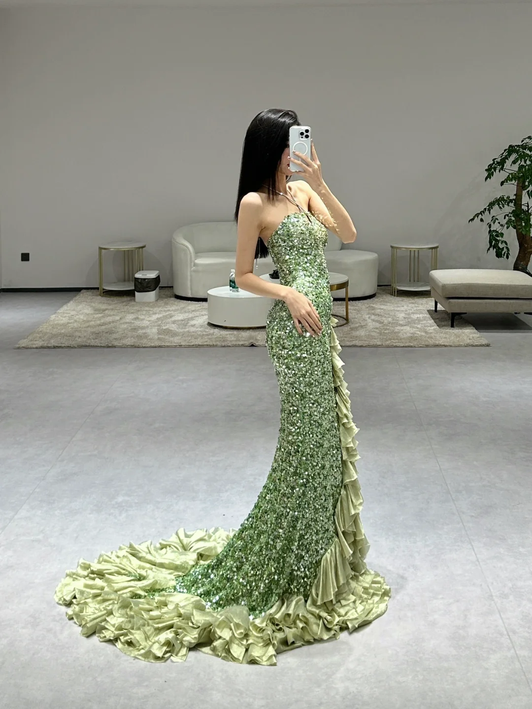 Green Elegant Mermaid Halter Satin Sequin Slit Long Prom Dresses C3969