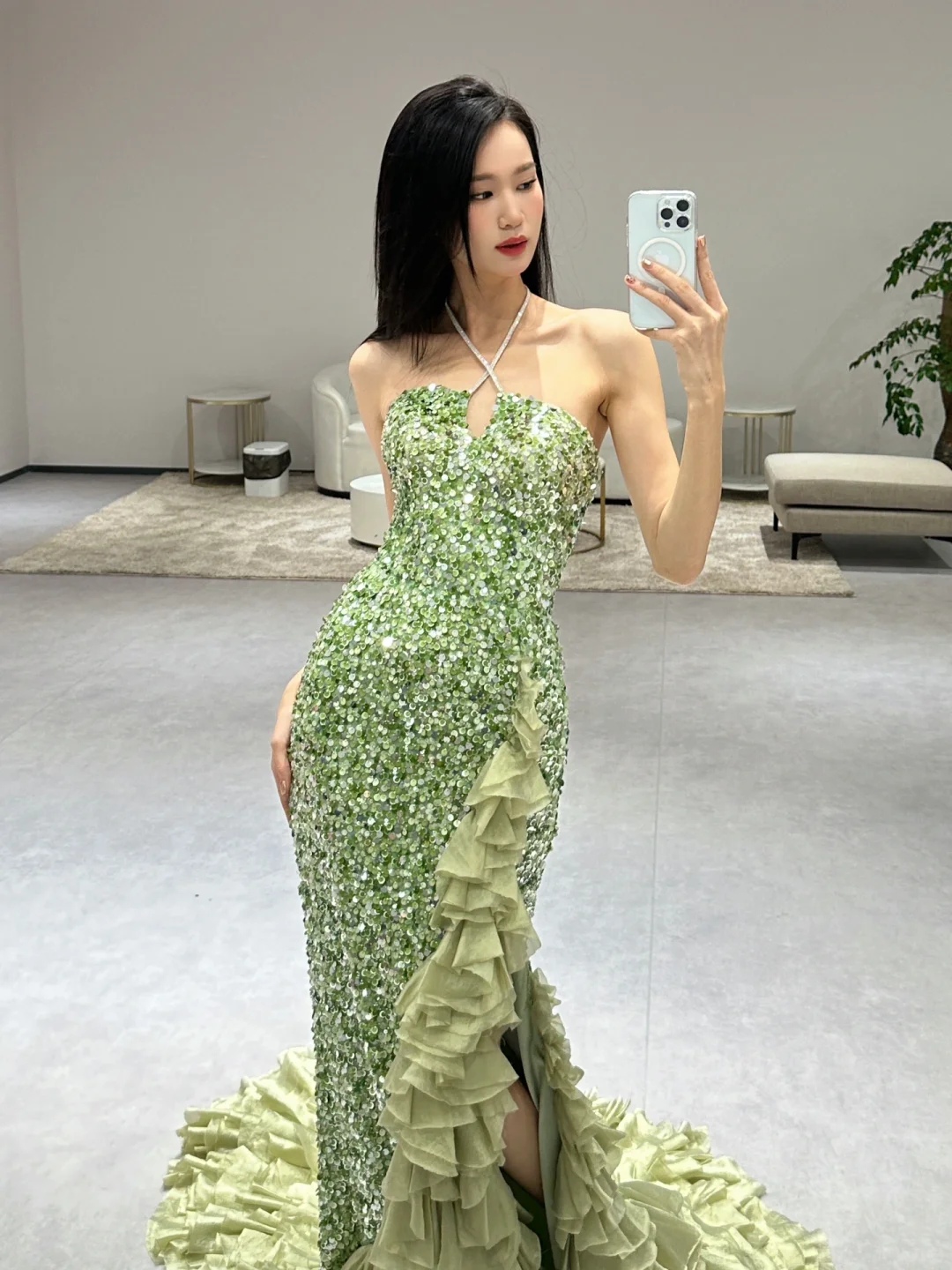 Green Elegant Mermaid Halter Satin Sequin Slit Long Prom Dresses C3969