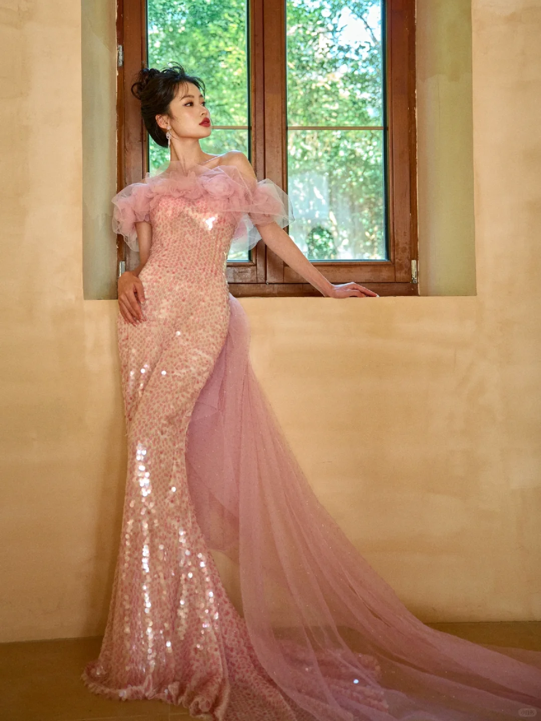 Unique Elegant Mermaid Off The Shoulder Pink Tulle Sequin Long Prom Dresses C3970