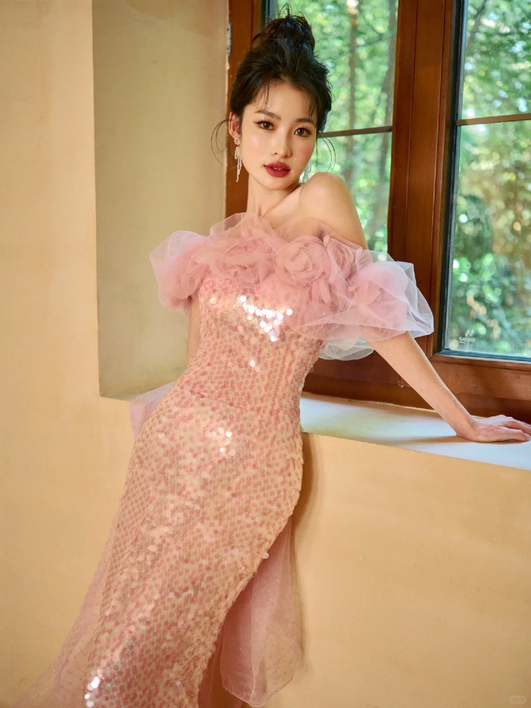Unique Elegant Mermaid Off The Shoulder Pink Tulle Sequin Long Prom Dresses C3970