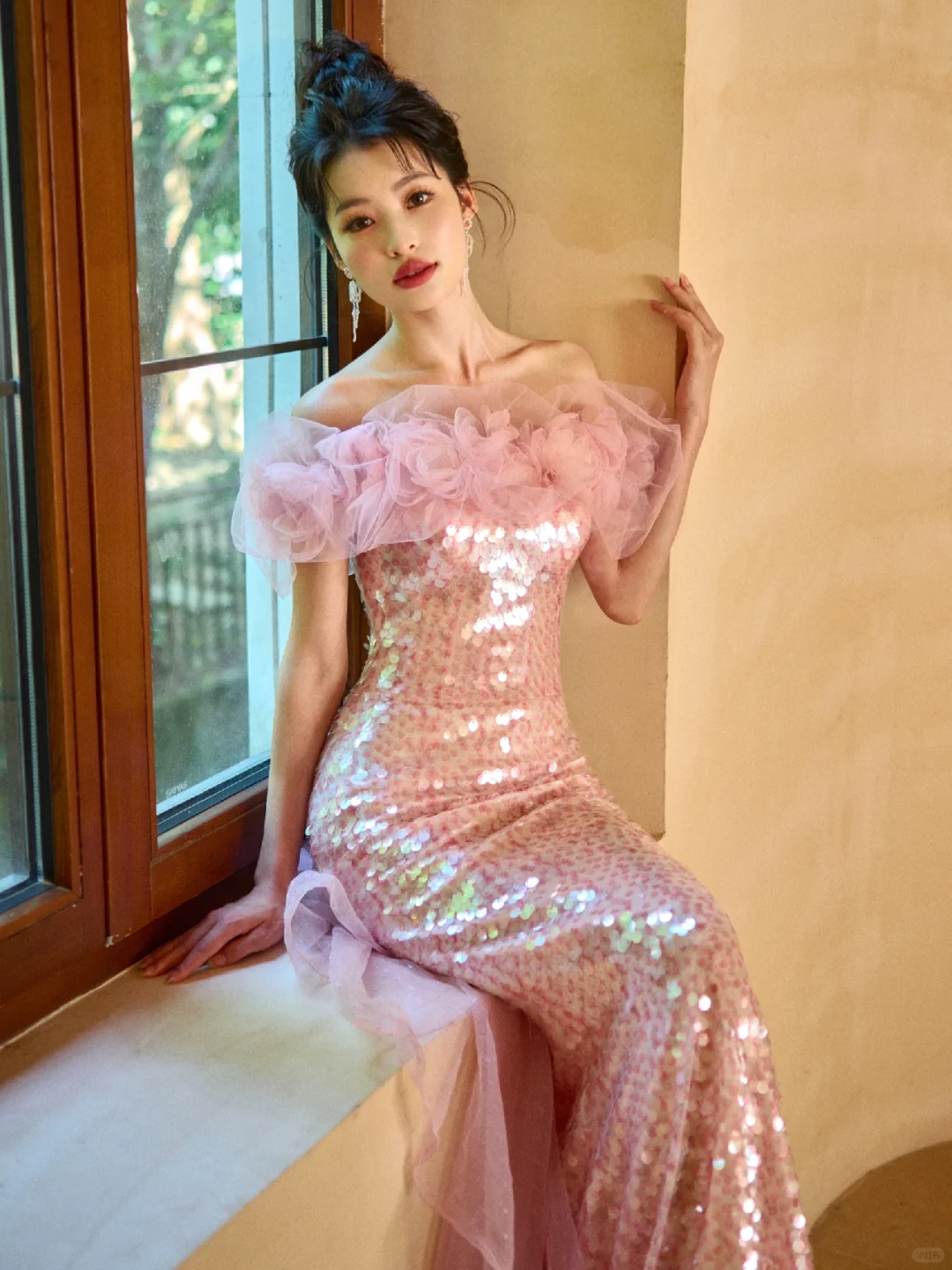 Unique Elegant Mermaid Off The Shoulder Pink Tulle Sequin Long Prom Dresses C3970