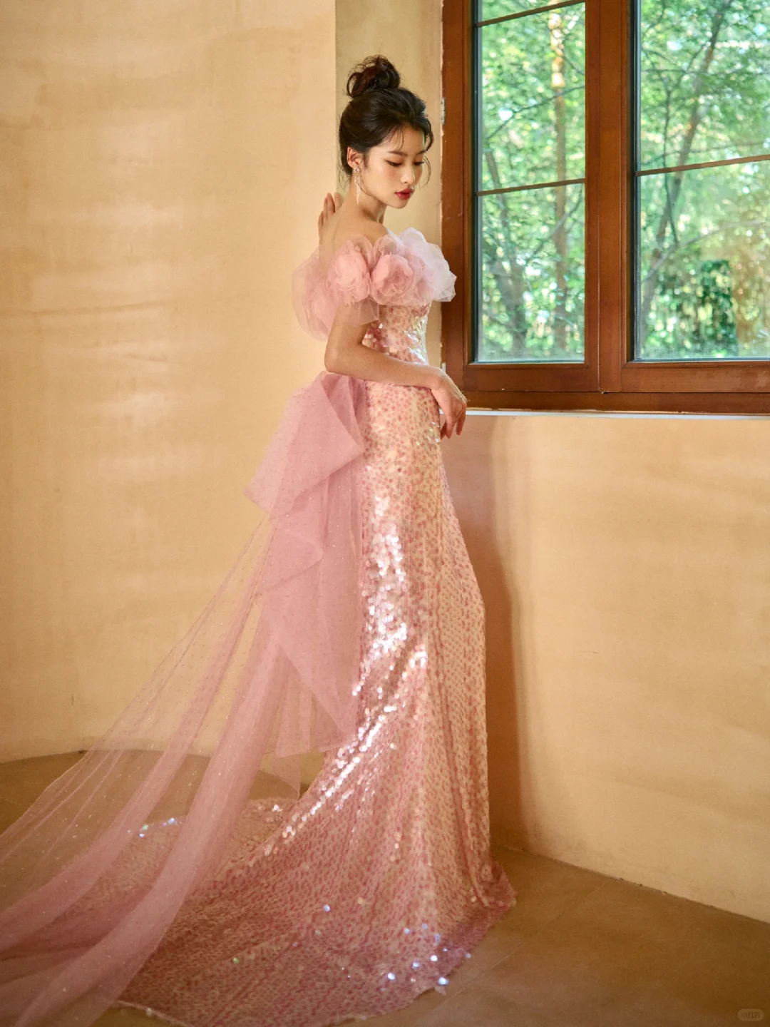 Unique Elegant Mermaid Off The Shoulder Pink Tulle Sequin Long Prom Dresses C3970