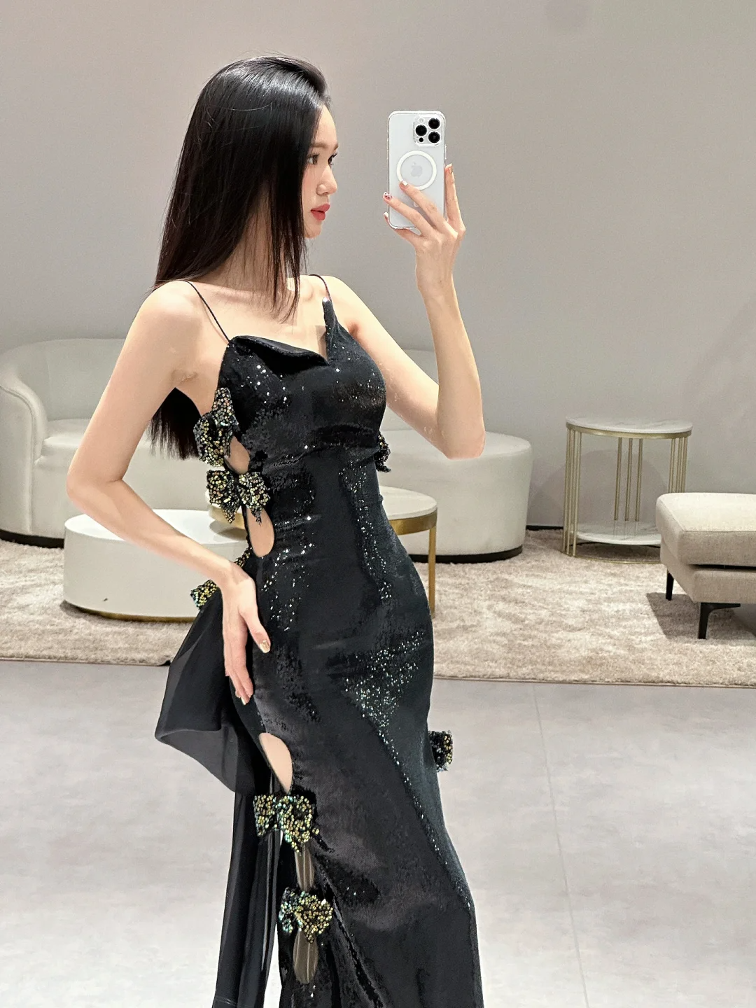 Unique Sexy Mermaid Spaghetti Straps Black Sequin Long Prom Dresses C3971
