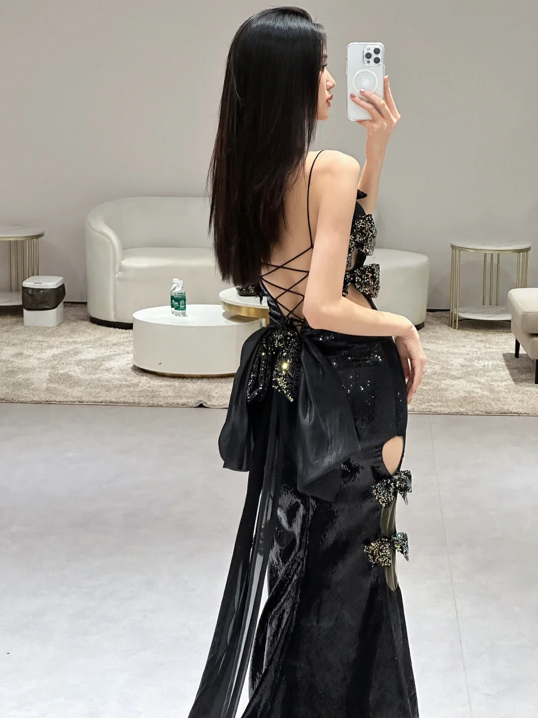 Unique Sexy Mermaid Spaghetti Straps Black Sequin Long Prom Dresses C3971