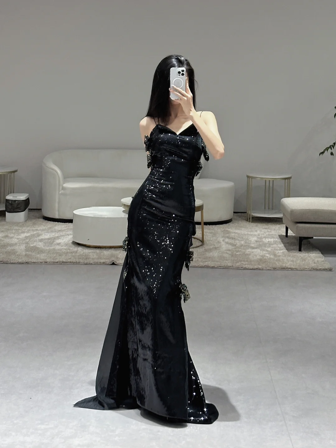 Unique Sexy Mermaid Spaghetti Straps Black Sequin Long Prom Dresses C3971