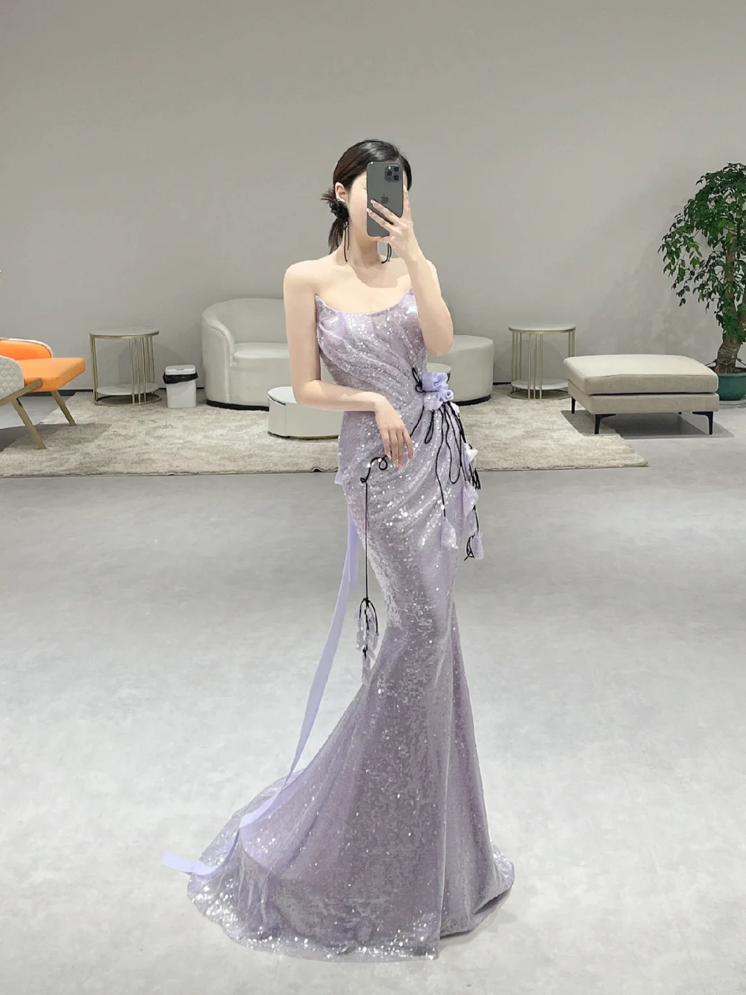 Vintage Mermaid Strapless Lilac Sequin Long Prom Dresses C3976