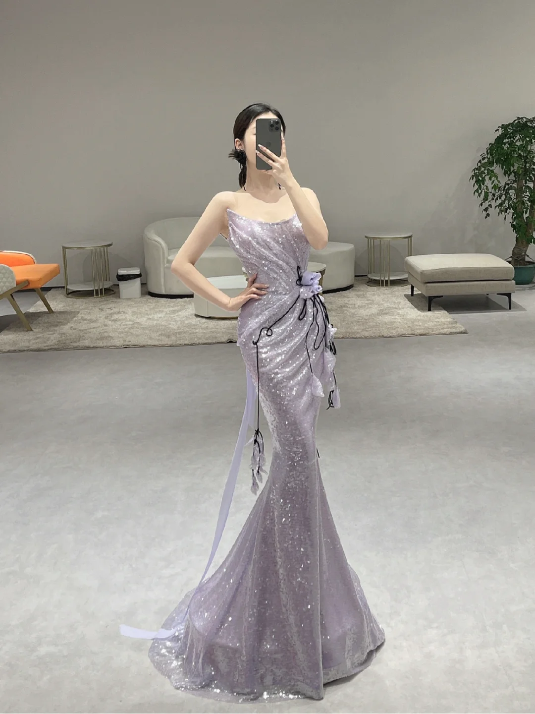 Vintage Mermaid Strapless Lilac Sequin Long Prom Dresses C3976