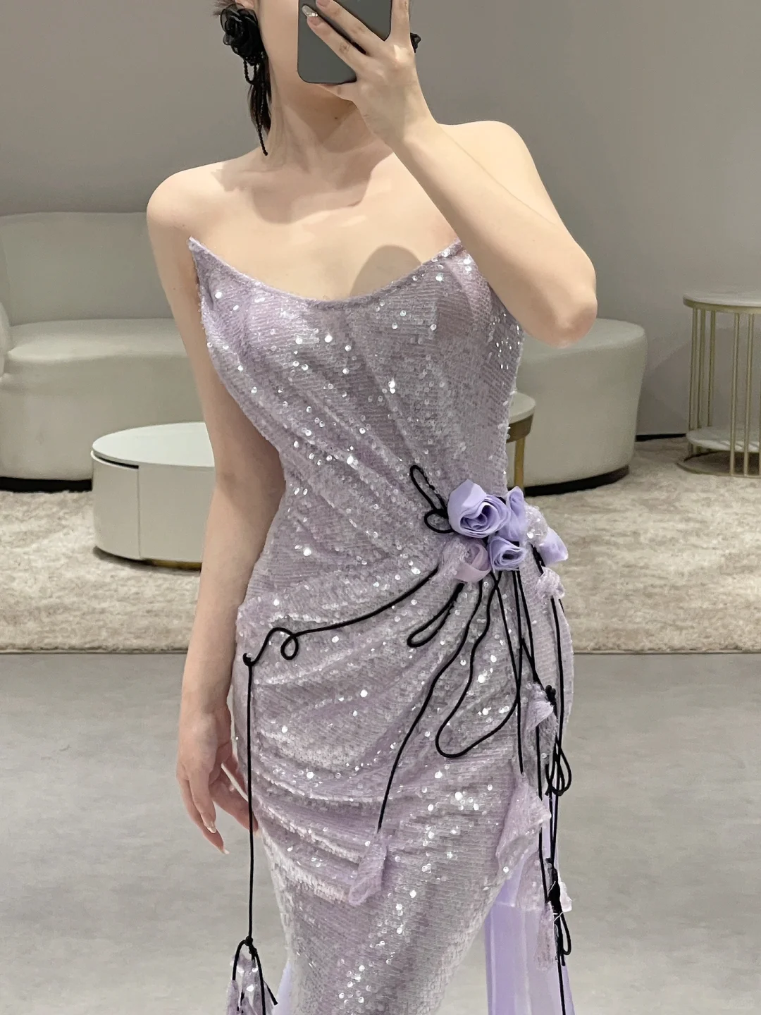 Vintage Mermaid Strapless Lilac Sequin Long Prom Dresses C3976