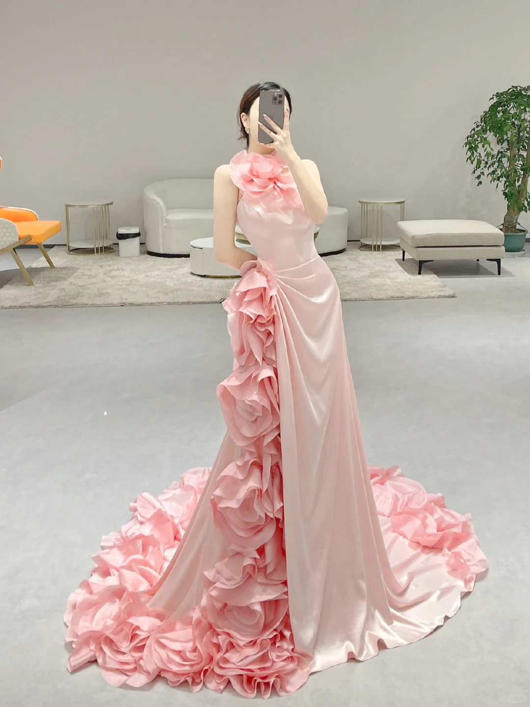 Stunning Mermaid Halter Pink Satin Flowers Long Prom Dresses C3979