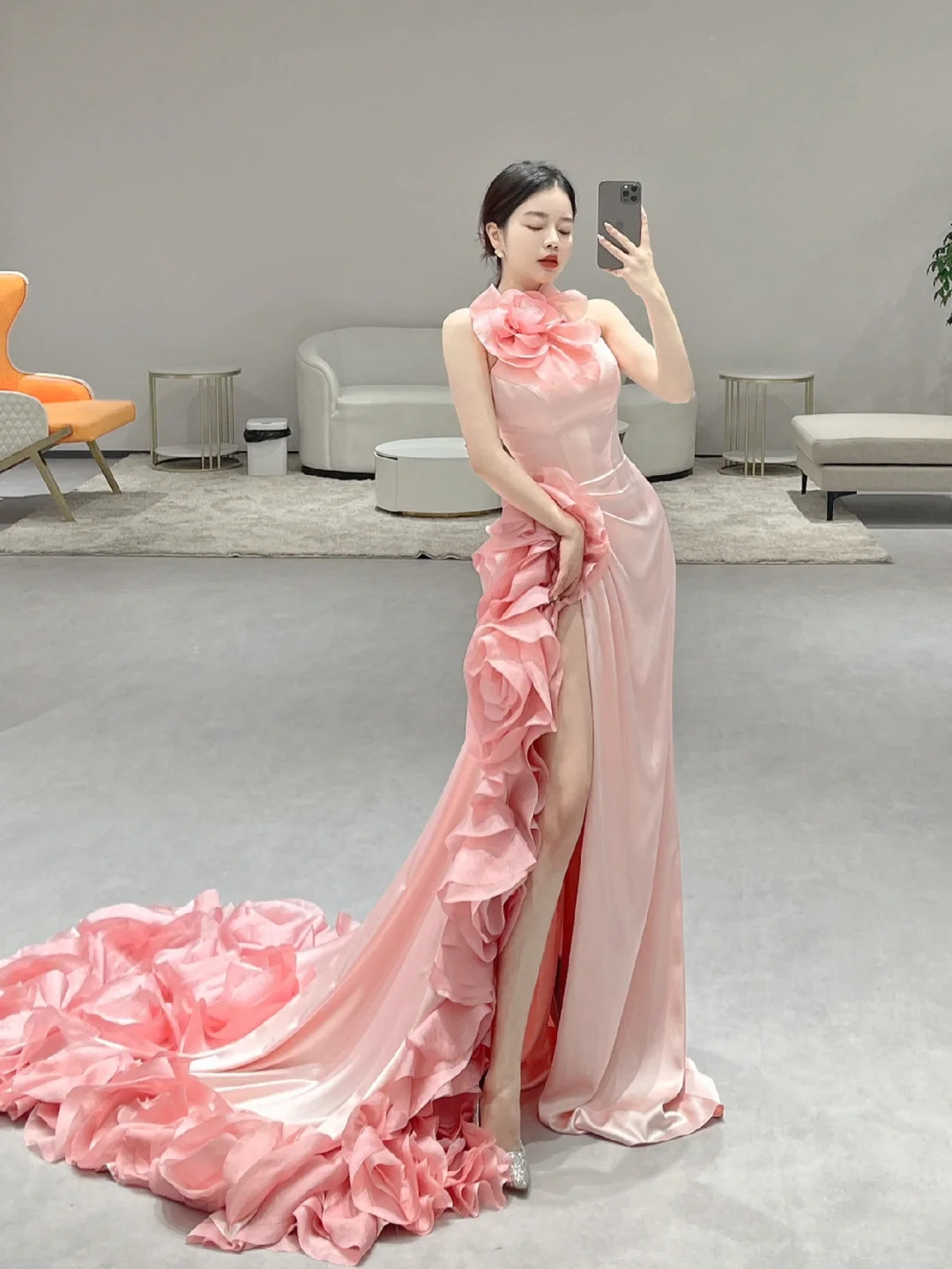 Stunning Mermaid Halter Pink Satin Flowers Long Prom Dresses C3979