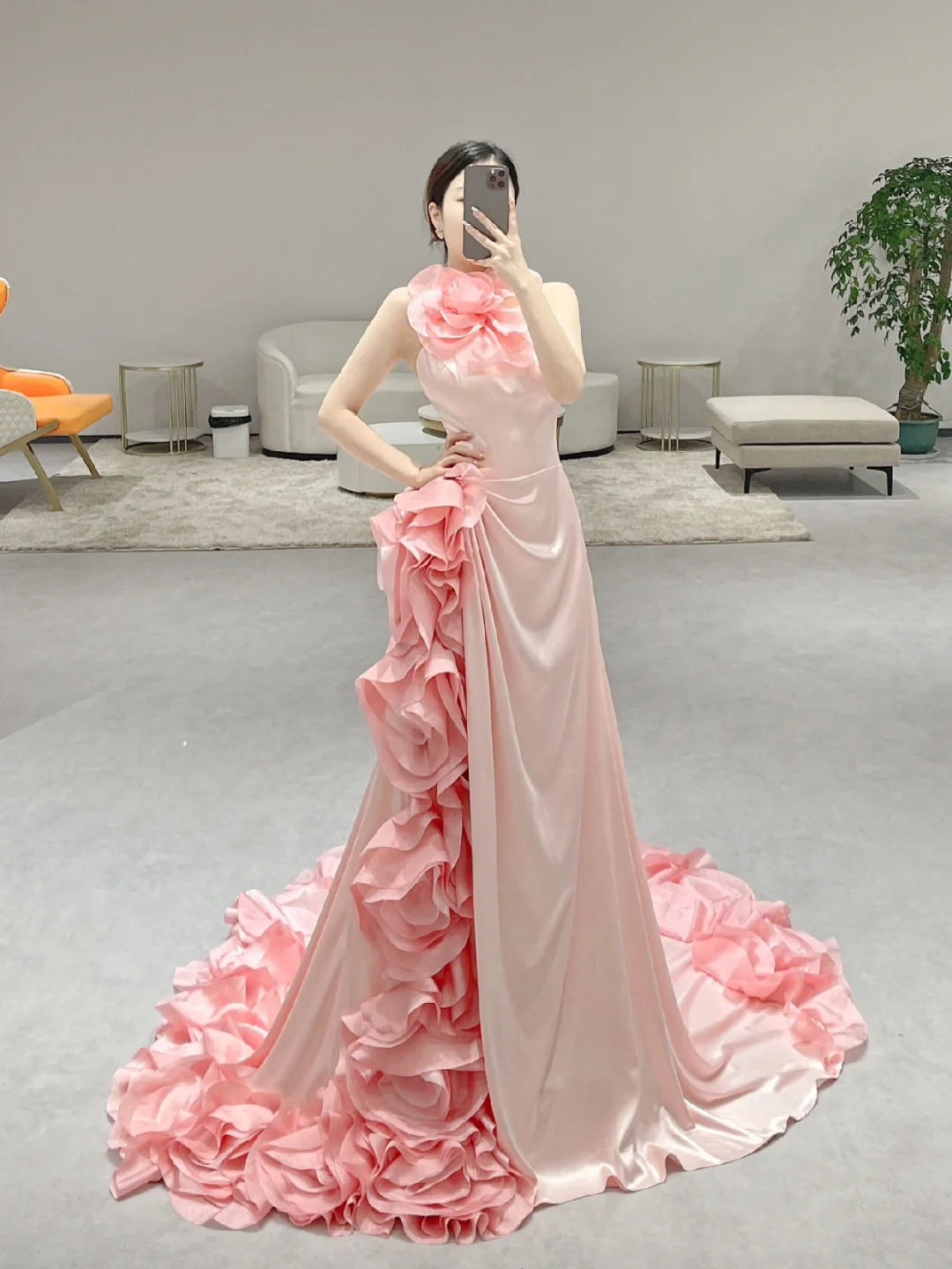 Stunning Mermaid Halter Pink Satin Flowers Long Prom Dresses C3979