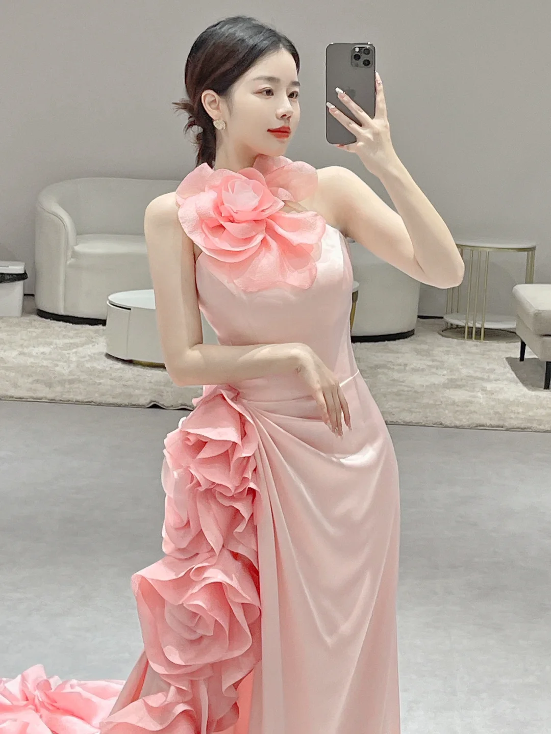 Stunning Mermaid Halter Pink Satin Flowers Long Prom Dresses C3979