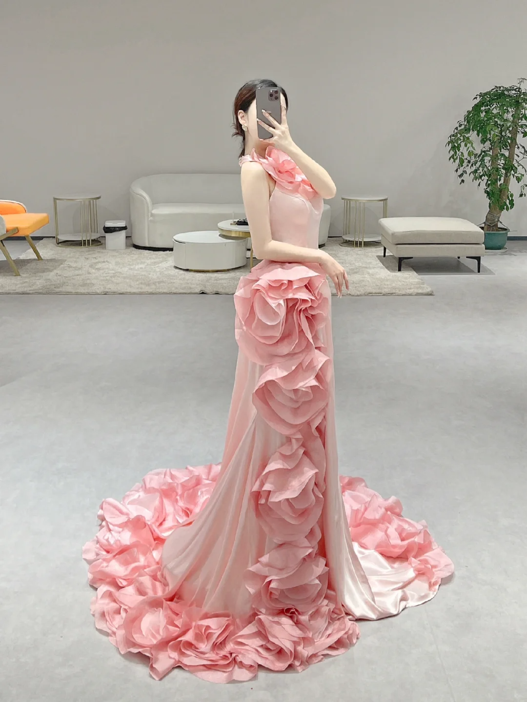 Stunning Mermaid Halter Pink Satin Flowers Long Prom Dresses C3979