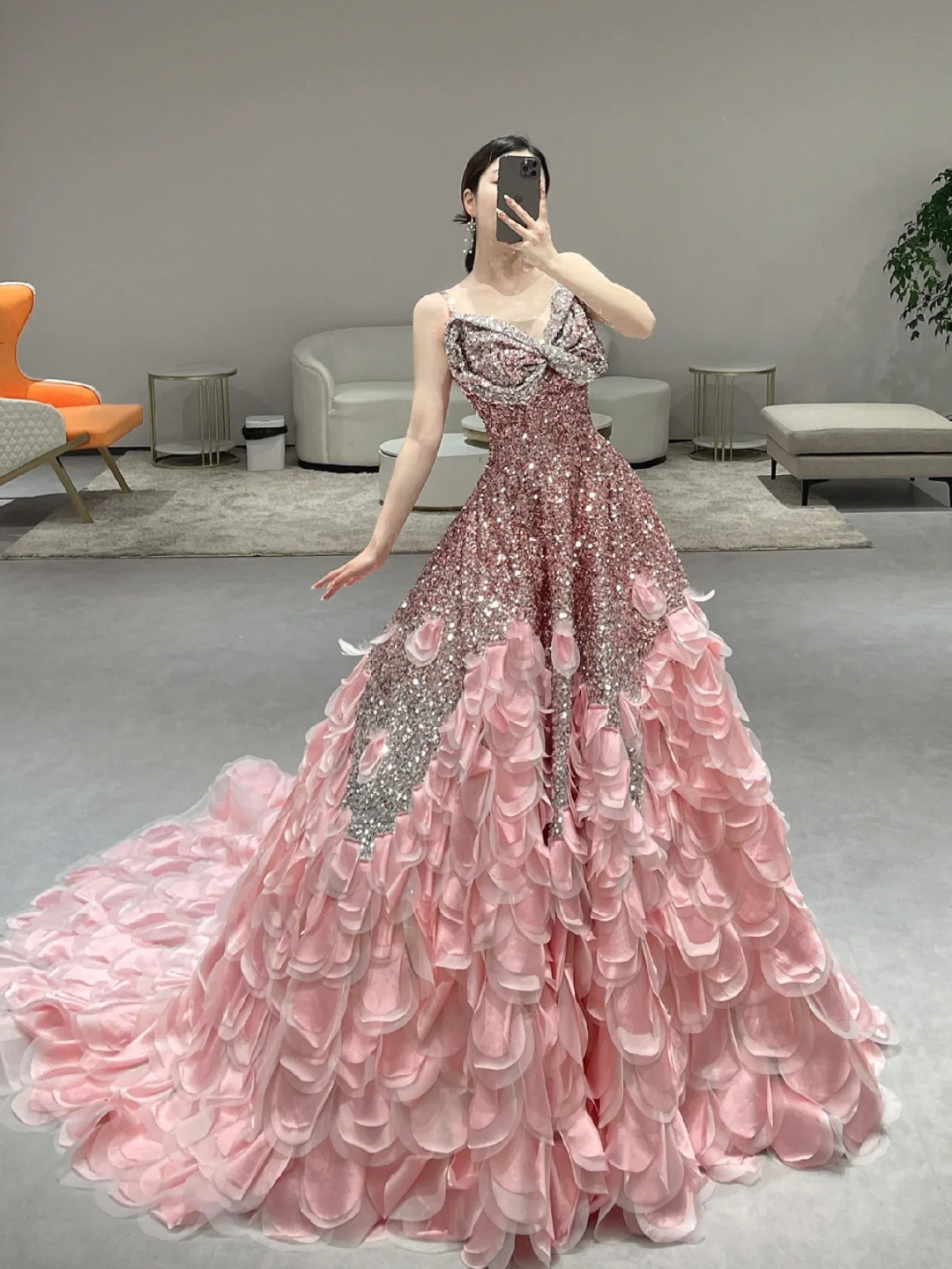 Gorgeous A Line Spaghetti Straps Satin Sequin Long Prom Dresses C3980