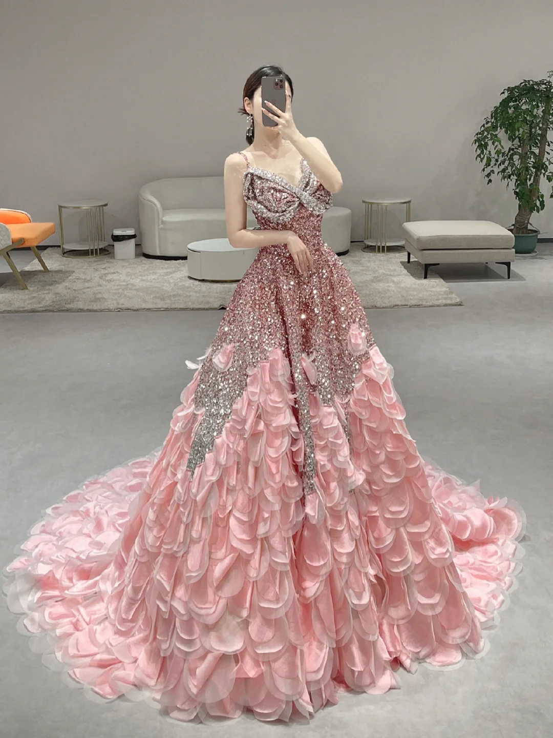 Gorgeous A Line Spaghetti Straps Satin Sequin Long Prom Dresses C3980