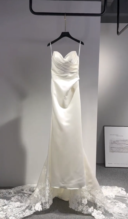 Elegant Mermaid Spaghetti Straps Satin With Lace Train Long Wedding Dresses C3988