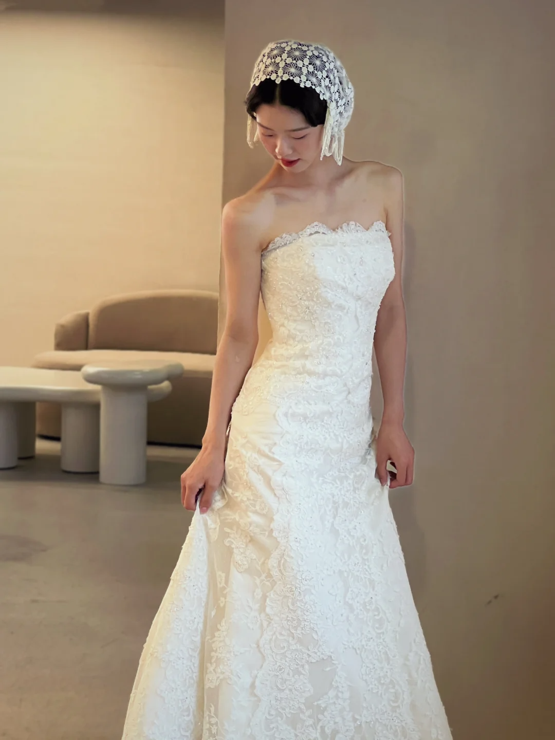 Robe de mariée longue en satin et dentelle, style sirène, sans bretelles, style vintage, C3993