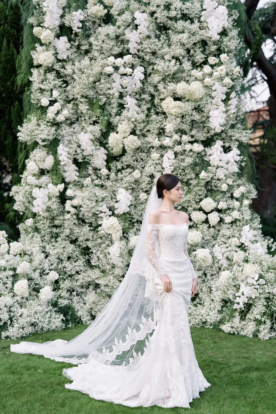 Vintage Mermaid Off The Shoulder White Tulle Lace Long Sleeves With Veil Long Wedding Dresses C4006