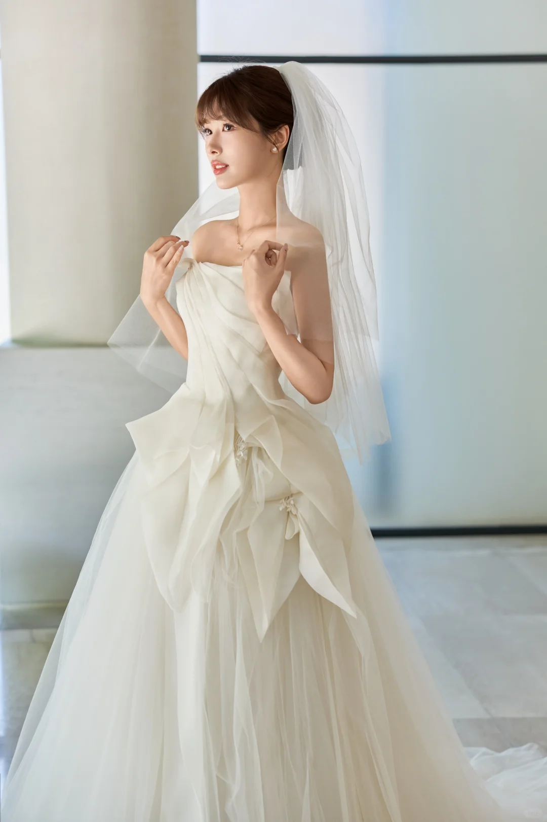 Robe de mariée longue élégante en tulle sans bretelles avec voile C4016