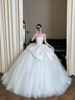 Robe de mariée longue en satin et tulle, tenue de bal unique, sans bretelles, C4019