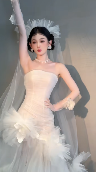 Robe de mariée sirène unique, bustier en tulle avec voile et gants, longue, C4036